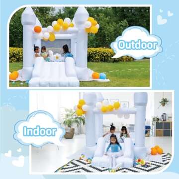 White Bounce House, Bounce House for Kids 3-6 Blower Included, Bouncy Castle with Slide Indoor Outdoor,8.9ft L x 6ft W x 7.1ft H, Toddlers Bouncy House with 100 Pastel Balloons