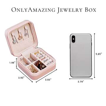 onlyamazing Jewelry Travel Organizer, Portable Jewelry Holder Case for Necklace, Earring, Ring, Pendant, Bracelet Storage Box (Leather, Pink)