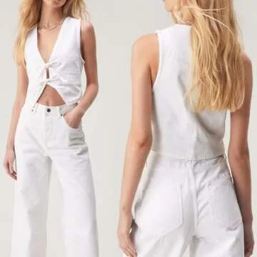 Stylish Women Denim Vest with Deep V Neck and Tie Up Front