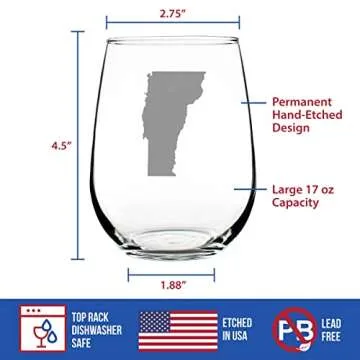 Vermont State Outline Stemless Wine Glass - State Themed Drinking Decor and Gifts for Vermonter Women & Men - Large 17 Oz Glasses