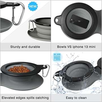 WINSEE Collapsible Dog Bowls Water, Portable Travel Pet Food Feeding Cat Bowl, Foldable Expandable Cup Dish with No Spill Non-Skid Silicone Mat, Free Carabiner for Traveling, Hiking, Camping