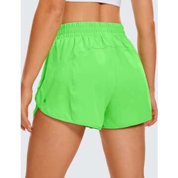 CRZ YOGA Womens High Waisted Running Shorts Mesh Liner 3'' Dolphin Quick Dry for Athletic Gym Track Workout with Zip Pocket Neon Apple Green Medium