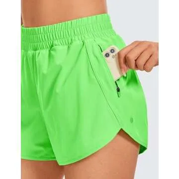 CRZ YOGA Womens High Waisted Running Shorts Mesh Liner 3'' Dolphin Quick Dry for Athletic Gym Track Workout with Zip Pocket Neon Apple Green Medium