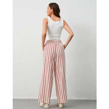 Ymejia Womens Wide Leg Striped Pants Loose Fit Drawstring Comfy High Waist Striped Lounge Pants with Pockets Red White