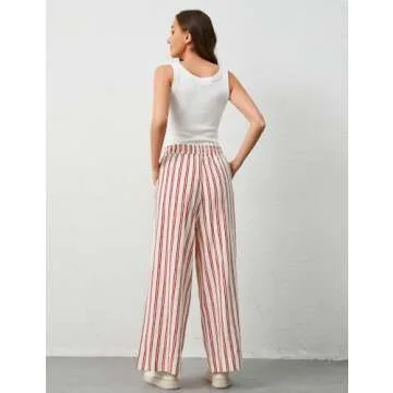 Ymejia Womens Wide Leg Striped Pants Loose Fit Drawstring Comfy High Waist Striped Lounge Pants with Pockets Red White