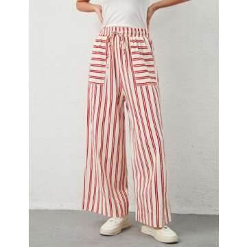 Ymejia Womens Wide Leg Striped Pants Loose Fit Drawstring Comfy High Waist Striped Lounge Pants with Pockets Red White