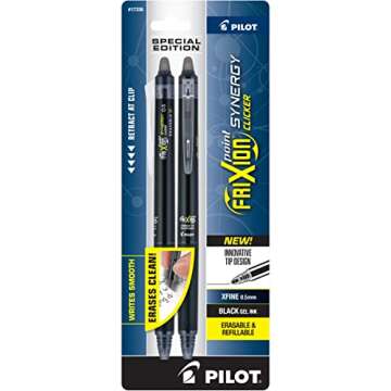 PILOT FriXion Synergy Clicker Erasable Retractable & Refillable Gel Pens, 0.5mm Extra-Fine Point, Black Barrel, Black Ink, Pack Of 2 Pens