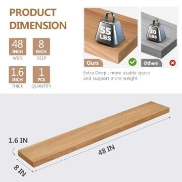 48 Inch Rustic Elm Floating Shelf for Home Decor