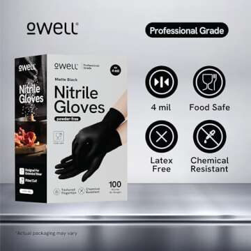 OWELL Black Nitrile Gloves - 100 Count Food Safe Disposable Kitchen Gloves for Chefs