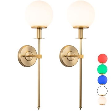Tumgog Battery Operated Wall Sconces Set of 2, Gold Glass Globe Rechargeable Wireless Wall Light Fix...