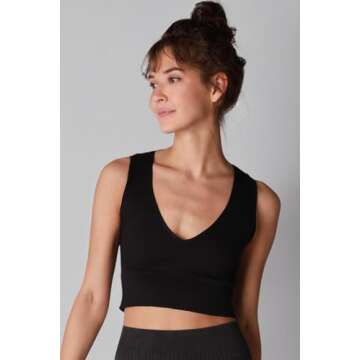 NIKIBIKI Women Seamless Plunge V-Neck Ribbed Crop Top, Made in U.S.A, One Size (Black)