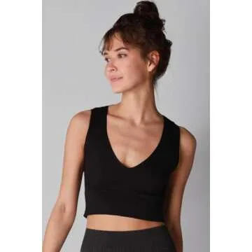 NIKIBIKI Women Seamless Plunge V-Neck Ribbed Crop Top, Made in U.S.A, One Size (Black)