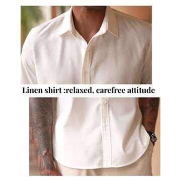 COOFANDY Men's Linen Solid Wedding Short Sleeve Shirt Button Up Relaxed-Fit Shirts White