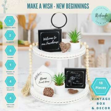 Toilet Tank Tray Plus 17 Tiered Tray Decor Items - Best House Warming Gifts New Home Women - 2 Tier Tray Decor Items for Women - Mom Birthday Gifts for Women