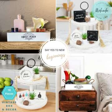 Toilet Tank Tray Plus 17 Tiered Tray Decor Items - Best House Warming Gifts New Home Women - 2 Tier Tray Decor Items for Women - Mom Birthday Gifts for Women