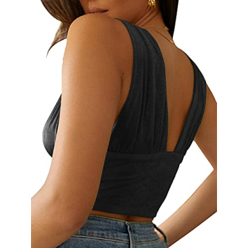 LYANER Women’s Deep V Neck Slim Fitted Crop Top Black