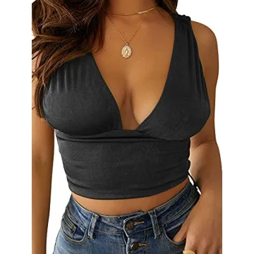 LYANER Women’s Deep V Neck Slim Fitted Crop Top Black