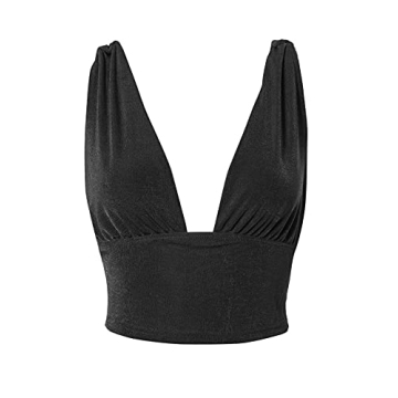 LYANER Women’s Deep V Neck Slim Fitted Crop Top Black