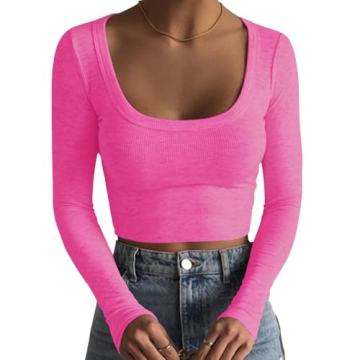 Artfish Women's Square Neck Long Sleeve Ribbed Slim Fitted Casual Basic Crop Top