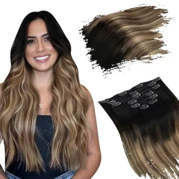 Ugeat Real Hair Extensions Clip In Human Hair Natural Black to Dark Brown Mix Caramel Brown Balayage...