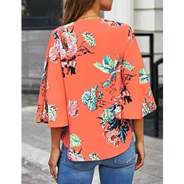 LookbookStore Women Summer Tops Salmon Floral Printed V Neck Button Down Shirts Casual Tie Knot 3/4 Bell Sleeve Loose Blouse Tops Size L