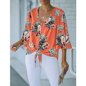 LookbookStore Women Summer Tops Salmon Floral Printed V Neck Button Down Shirts Casual Tie Knot 3/4 Bell Sleeve Loose Blouse Tops Size L