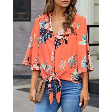 LookbookStore Women Summer Tops Salmon Floral Printed V Neck Button Down Shirts Casual Tie Knot 3/4 Bell Sleeve Loose Blouse Tops Size L