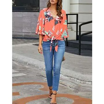 LookbookStore Women Summer Tops Salmon Floral Printed V Neck Button Down Shirts Casual Tie Knot 3/4 Bell Sleeve Loose Blouse Tops Size L