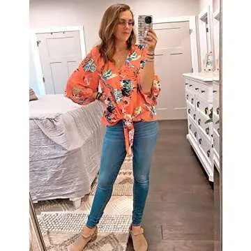 LookbookStore Women Summer Tops Salmon Floral Printed V Neck Button Down Shirts Casual Tie Knot 3/4 Bell Sleeve Loose Blouse Tops Size L