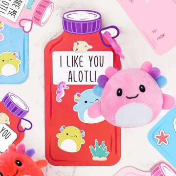 ORIENTAL CHERRY Valentines Day Gifts for Kids - 24 Pack Axolotl Plush Toys Keychains with Valentine Gifts Cards for Boys Girls Toddlers Friends Classroom School Exchange Party Favors