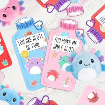 ORIENTAL CHERRY Valentines Day Gifts for Kids - 24 Pack Axolotl Plush Toys Keychains with Valentine Gifts Cards for Boys Girls Toddlers Friends Classroom School Exchange Party Favors