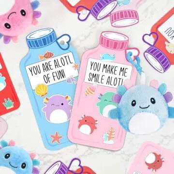 ORIENTAL CHERRY Valentines Day Gifts for Kids - 24 Pack Axolotl Plush Toys Keychains with Valentine Gifts Cards for Boys Girls Toddlers Friends Classroom School Exchange Party Favors