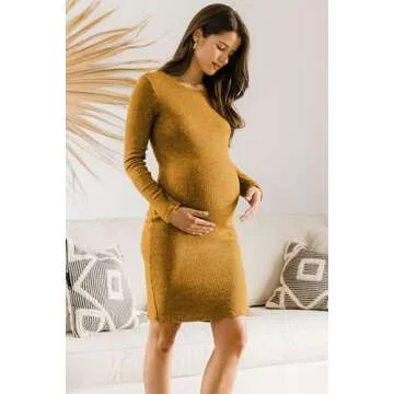 HELLO MIZ Women's Ribbed Maternity Knit Dress with Long Sleeve (Mustard, S)