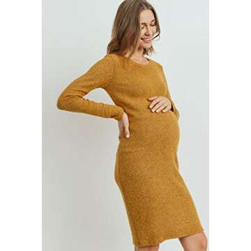 HELLO MIZ Women's Ribbed Maternity Knit Dress with Long Sleeve (Mustard, S)
