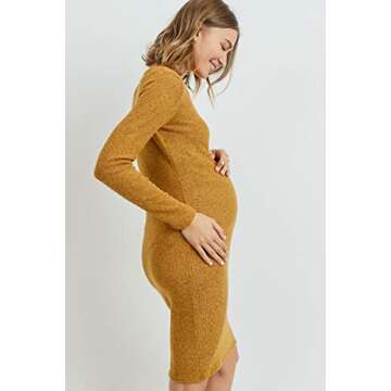 HELLO MIZ Women's Ribbed Maternity Knit Dress with Long Sleeve (Mustard, S)