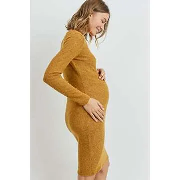 HELLO MIZ Women's Ribbed Maternity Knit Dress with Long Sleeve (Mustard, S)