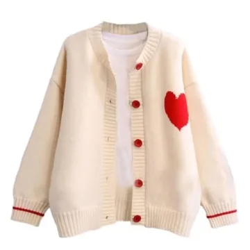 FindThy Women's Cute Cardigan Sweater Kawaii Love Heart Print Y2K Button Knitted Outerwear (0335-Bei...