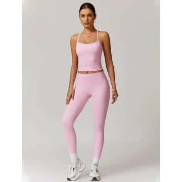 Womens Workout Sets Two Piece Seamless Stretch Cross Back Tank Top Matching Tummy Control High Waist Leggings Set 2 Piece For Women Gym Yoga Active Wear Outfits Athletic Work Out Clothes Pink M