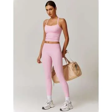Womens Workout Sets Two Piece Seamless Stretch Cross Back Tank Top Matching Tummy Control High Waist Leggings Set 2 Piece For Women Gym Yoga Active Wear Outfits Athletic Work Out Clothes Pink M