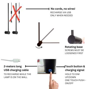 Bulbly Minimalist Modern Cordless Rechargeable Dimmable Lamp LED Lamp for Bedroom Decor, Living Room Decor, Bathroom Decor, Home Decor, Wall Decor (Wall Sconces) (Two Pack Black Color)