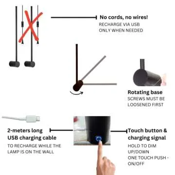 Bulbly Minimalist Modern Cordless Rechargeable Dimmable Lamp LED Lamp for Bedroom Decor, Living Room Decor, Bathroom Decor, Home Decor, Wall Decor (Wall Sconces) (Two Pack Black Color)