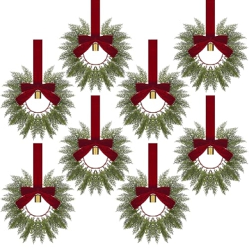 8 Pcs 9.8" Small Christmas Cabinets Wreaths - Mini Wreaths for Kitchen Decorations with Ribbon Bells