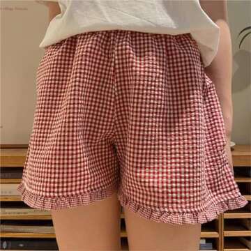 Y2k Womens Ruffle Boxer Shorts Plaid Gingham Print Lounge Pajama Shorts Cute Striped Checkered Pj Bottoms Sleep (Light Red, S)