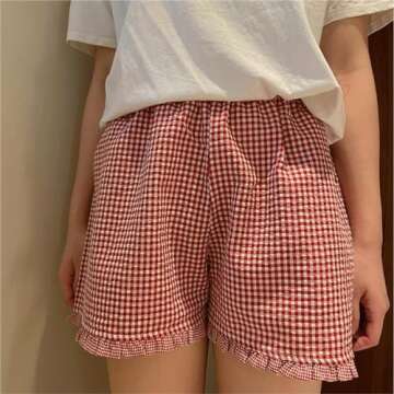 Y2k Womens Ruffle Boxer Shorts Plaid Gingham Print Lounge Pajama Shorts Cute Striped Checkered Pj Bottoms Sleep (Light Red, S)