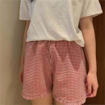 Y2k Womens Ruffle Boxer Shorts Plaid Gingham Print Lounge Pajama Shorts Cute Striped Checkered Pj Bottoms Sleep (Light Red, S)