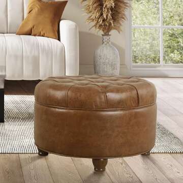 Homepop Home Decor | Button Tufted Faux Leather Round Storage Ottoman | Ottoman with Storage for Liv...