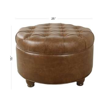 Homepop Home Decor | Button Tufted Faux Leather Round Storage Ottoman | Ottoman with Storage for Living Room & Bedroom (Brown)