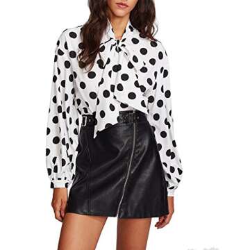 Floerns Women's Bow Tied Neck Lantern Long Sleeve Polka Dot Blouse White XL