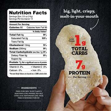 4505 Meats Tajin, Chicharrones, Fried Pork Rinds, Keto Certified, Family Size Bag, 14 Servings, 7 Ounce Bag