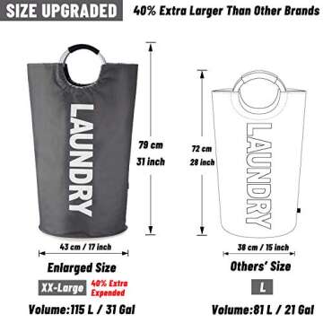 Caroeas XX-Large 115L Laundry Basket (7 Colors), Waterproof Laundry Hamper, Laundry Bag with Padded Handles, Clothes Hamper Stands Up Well, Collapsible Laundry Basket Easy Storage(Dark Grey)